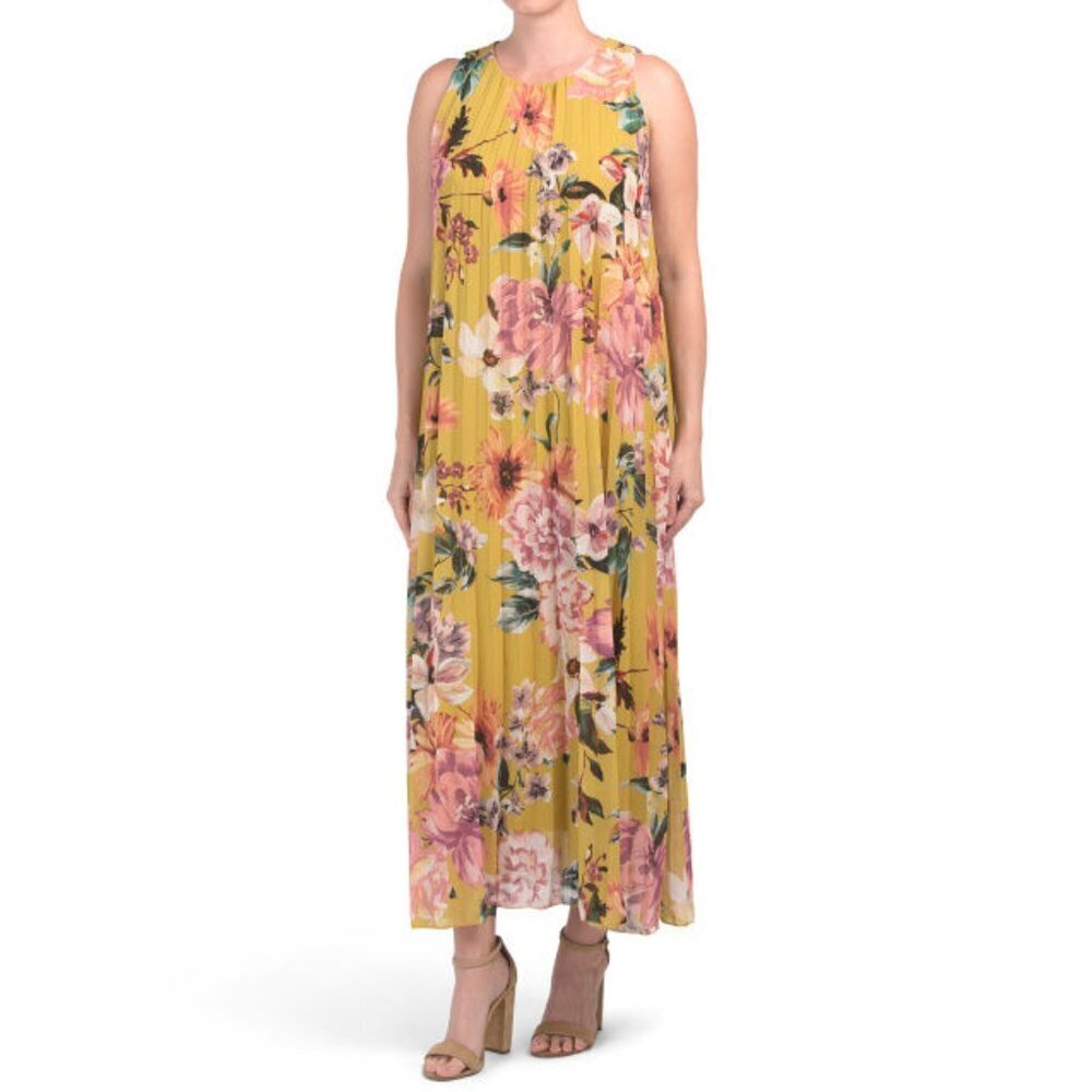 COOLPLES Pleated Yellow Floral Maxi Dress M - New